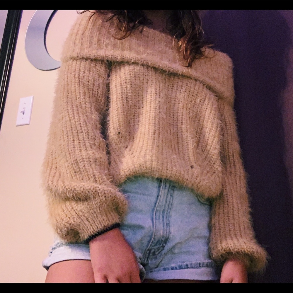 Off the shoulder yellow sweater